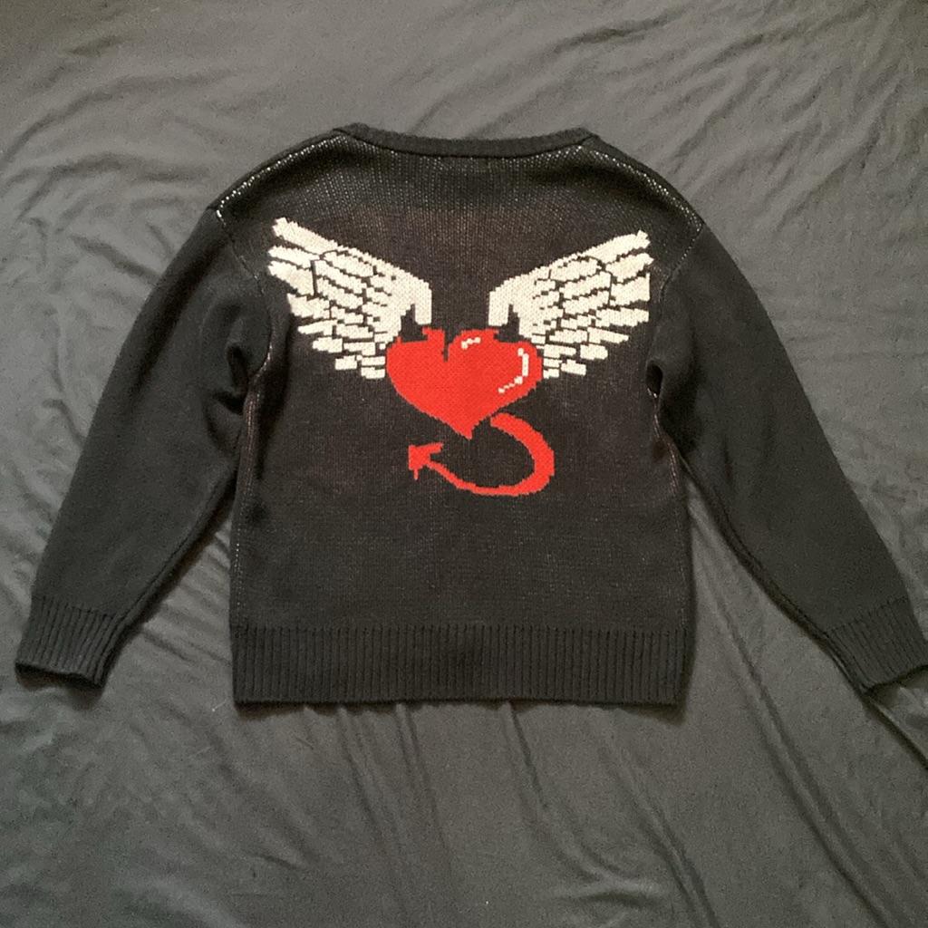 Dollskill Current Mood Intarsia Cardigan Embroidered Devil Angel Heart Size Xxs